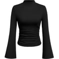 thumbnail image 1 of PRETTYGARDEN Womens Long Sleeve Shirts Fall Bell Sleeve Mock Turtleneck Ribbed Going Out Tops Casual Ruched Y2K Clothes, 1 of 8