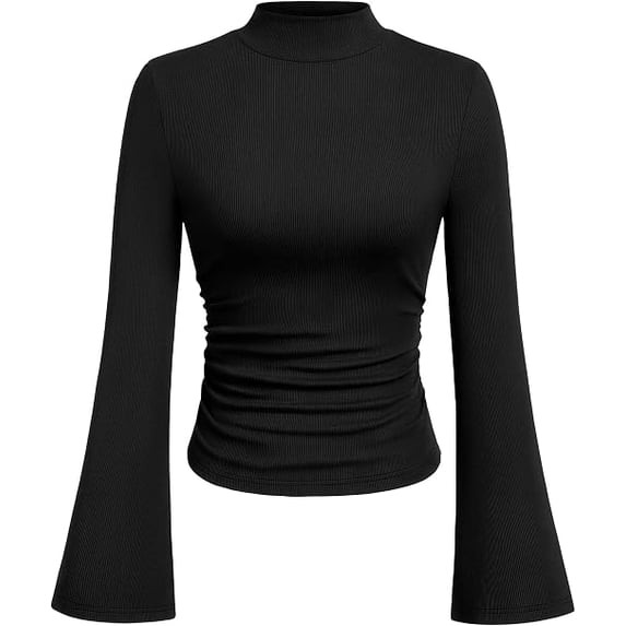 PRETTYGARDEN Womens Long Sleeve Shirts Fall Bell Sleeve Mock Turtleneck Ribbed Going Out Tops Casual Ruched Y2K Clothes