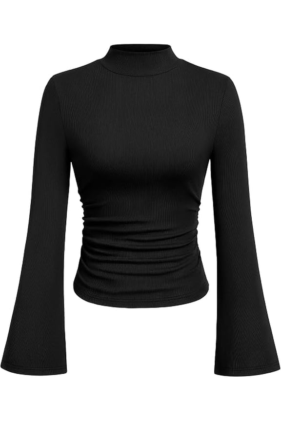 Womens Long Sleeve Shirts Fall Bell Sleeve Mock Turtleneck Ribbed Going Out Tops Casual Ruched Y2K Clothes