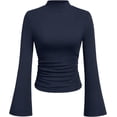 thumbnail image 1 of PRETTYGARDEN Womens Long Sleeve Shirts Fall Bell Sleeve Mock Turtleneck Ribbed Going Out Tops Casual Ruched Y2K Clothes, 1 of 8