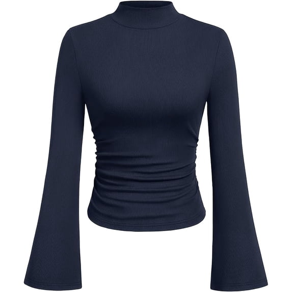 PRETTYGARDEN Womens Long Sleeve Shirts Fall Bell Sleeve Mock Turtleneck Ribbed Going Out Tops Casual Ruched Y2K Clothes