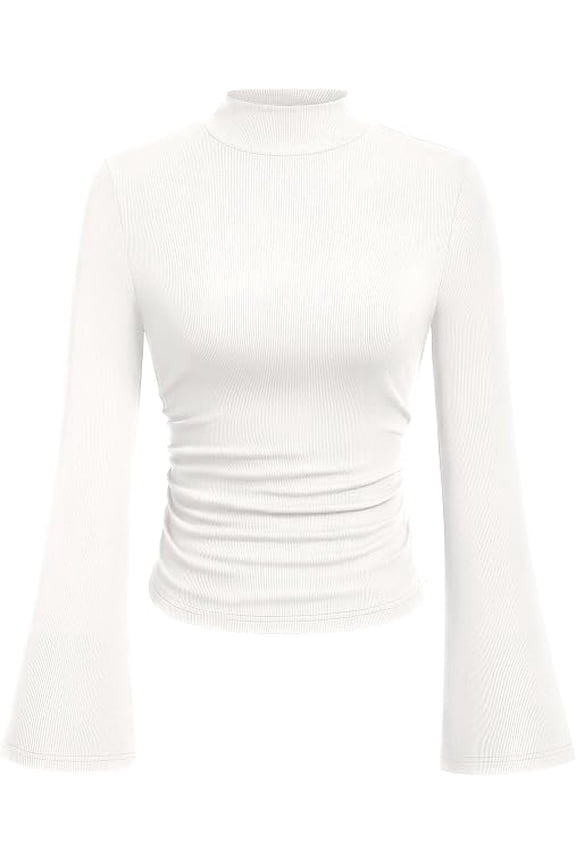 Womens Long Sleeve Shirts Fall Bell Sleeve Mock Turtleneck Ribbed Going Out Tops Casual Ruched Y2K Clothes