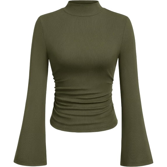 PRETTYGARDEN Womens Long Sleeve Shirts Fall Bell Sleeve Mock Turtleneck Ribbed Going Out Tops Casual Ruched Y2K Clothes