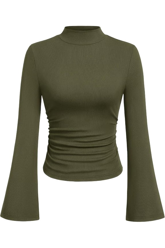 Womens Long Sleeve Shirts Fall Bell Sleeve Mock Turtleneck Ribbed Going Out Tops Casual Ruched Y2K Clothes