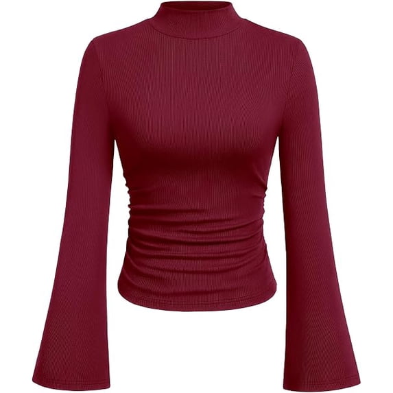 PRETTYGARDEN Womens Long Sleeve Shirts Fall Bell Sleeve Mock Turtleneck Ribbed Going Out Tops Casual Ruched Y2K Clothes