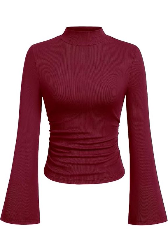Womens Long Sleeve Shirts Fall Bell Sleeve Mock Turtleneck Ribbed Going Out Tops Casual Ruched Y2K Clothes