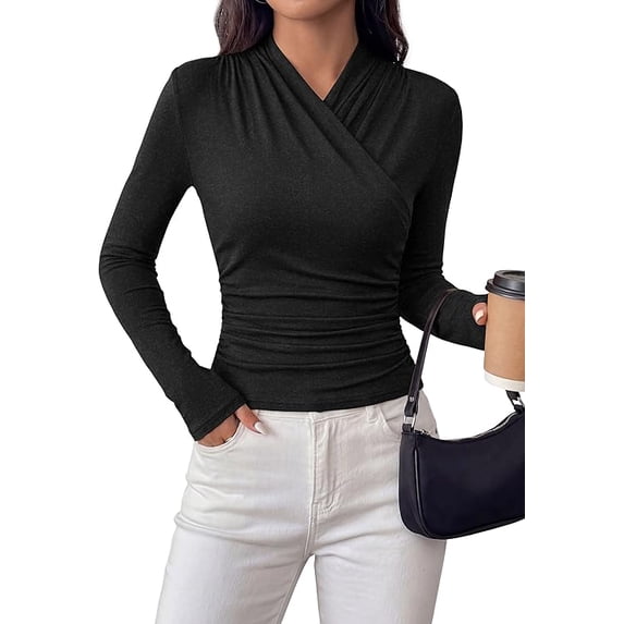 PRETTYGARDEN Womens Long Sleeve Shirts Fall V Neck Cross Wrap Going Out Top Ribbed Ruched Fitted Business Casual Clothes