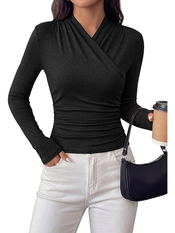 Womens Long Sleeve Shirts Fall V Neck Cross Wrap Going Out Top Ribbed Ruched Fitted Business Casual Clothes