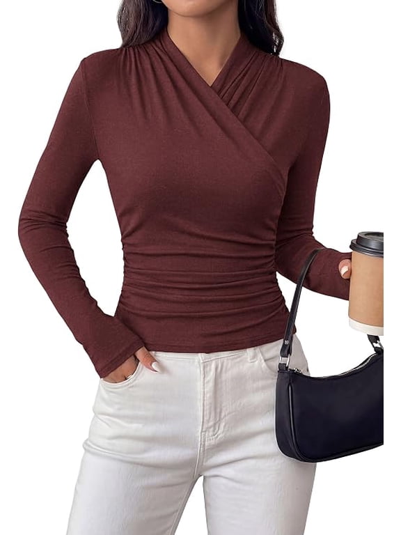 Womens Long Sleeve Shirts Fall V Neck Cross Wrap Going Out Top Ribbed Ruched Fitted Business Casual Clothes