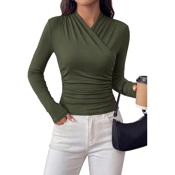 PRETTYGARDEN Womens Long Sleeve Shirts Fall V Neck Cross Wrap Going Out Top Ribbed Ruched Fitted Business Casual Clothes