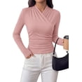 thumbnail image 1 of PRETTYGARDEN Womens Long Sleeve Shirts Fall V Neck Cross Wrap Going Out Top Ribbed Ruched Fitted Business Casual Clothes, 1 of 8