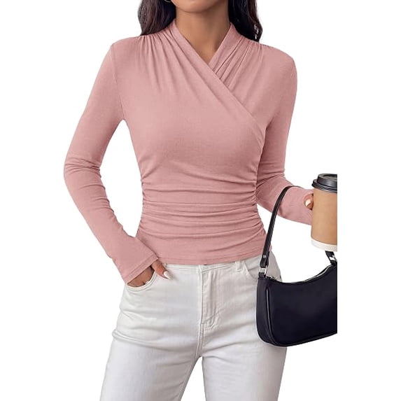 PRETTYGARDEN Womens Long Sleeve Shirts Fall V Neck Cross Wrap Going Out Top Ribbed Ruched Fitted Business Casual Clothes