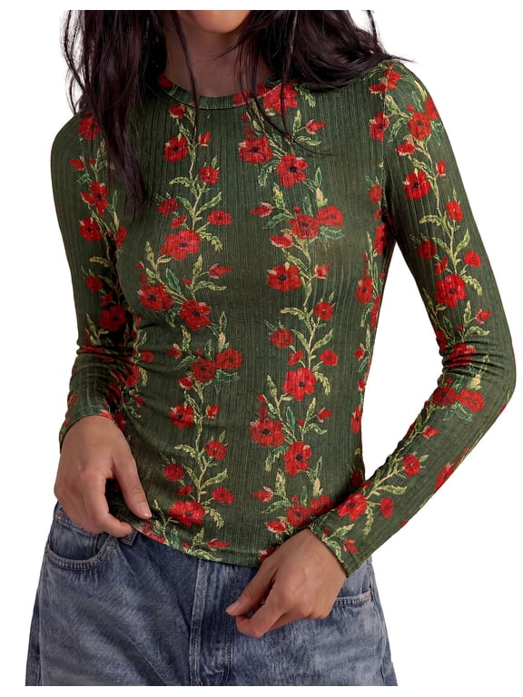 Womens Long Sleeve Shirts Floral Y2K Tops Soft Lightweight Ribbed Knit Top,Fitted Waist,Crew Neck Slim Fit,Going Out Vacation Outfits,Layering Fall Winter Clothes