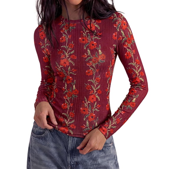 PRETTYGARDEN Womens Long Sleeve Shirts Floral Y2K Tops Soft Lightweight Ribbed Knit Top,Fitted Waist,Crew Neck Slim Fit,Going Out Vacation Outfits,Layering Fall Winter Clothes