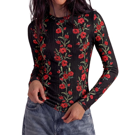 PRETTYGARDEN Womens Long Sleeve Shirts Floral Y2K Tops Soft Lightweight Ribbed Knit Top,Fitted Waist,Crew Neck Slim Fit,Going Out Vacation Outfits,Layering Fall Winter Clothes