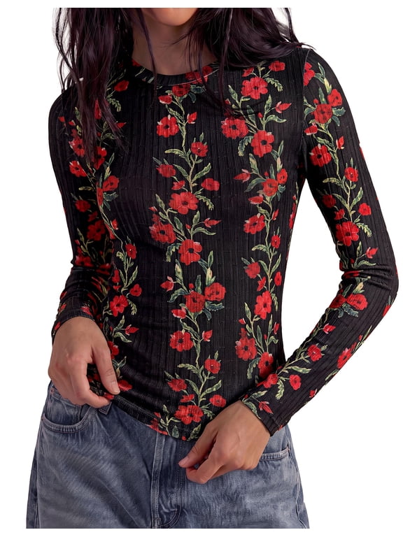 Womens Long Sleeve Shirts Floral Y2K Tops Soft Lightweight Ribbed Knit Top,Fitted Waist,Crew Neck Slim Fit,Going Out Vacation Outfits,Layering Fall Winter Clothes