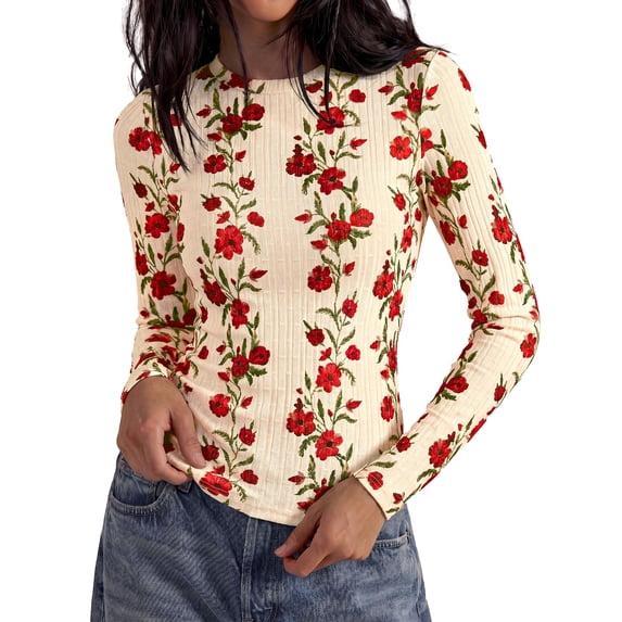 PRETTYGARDEN Womens Long Sleeve Shirts Floral Y2K Tops Soft Lightweight Ribbed Knit Top,Fitted Waist,Crew Neck Slim Fit,Going Out Vacation Outfits,Layering Fall Winter Clothes