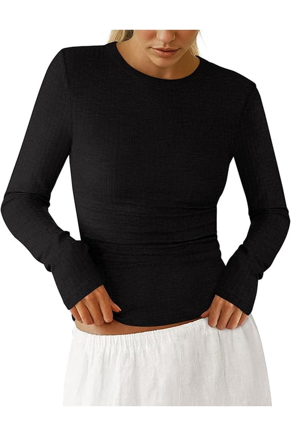 Womens Long Sleeve Shirts Ribbed Knit Slim Fitted Basic Tee Casual Going Out Tops Underscrubs Fall Clothing