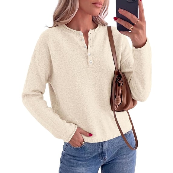 PRETTYGARDEN Women's Fall Button Up Cozy Pullover Sweaters | Stretchy Soft Knit, Drop Shoulder Long Sleeve Tops, Henley Crewneck Rolled Edge, Dressy Casual Blouses, Trendy Winter Clothes