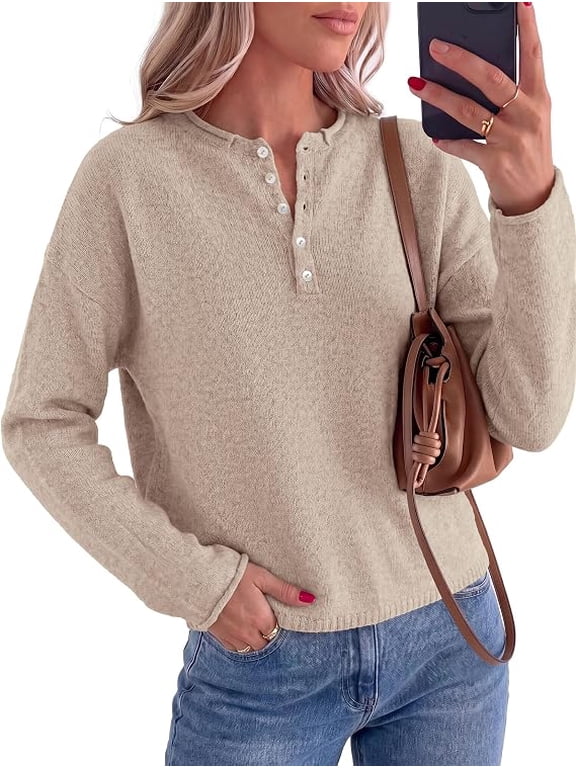 Women's Fall Button Up Cozy Pullover Sweaters | Stretchy Soft Knit, Drop Shoulder Long Sleeve Tops, Henley Crewneck Rolled Edge, Dressy Casual Blouses, Trendy Winter Clothes