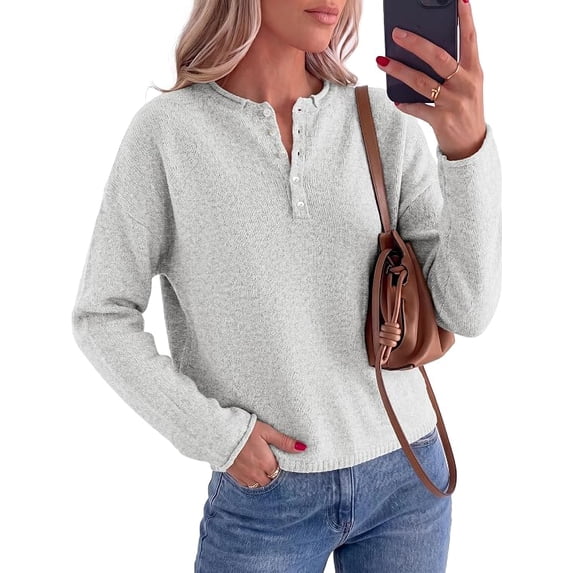 PRETTYGARDEN Women's Fall Button Up Cozy Pullover Sweaters | Stretchy Soft Knit, Drop Shoulder Long Sleeve Tops, Henley Crewneck Rolled Edge, Dressy Casual Blouses, Trendy Winter Clothes