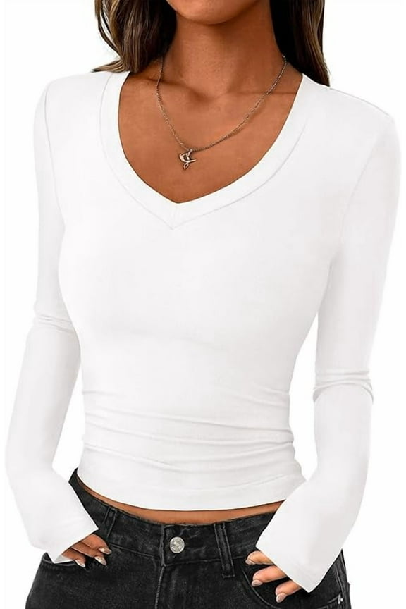 Womens Long Sleeve T Shirts Fall Trendy Deep V Neck Slim Fit Basic Crop Tops Casual Going Out Top