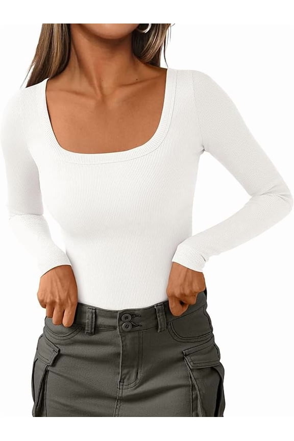Womens Long Sleeve Tops Fall Clothes Scoop Neck Ribbed Knit Basic Tees Shirts Going Out Trendy Outfits