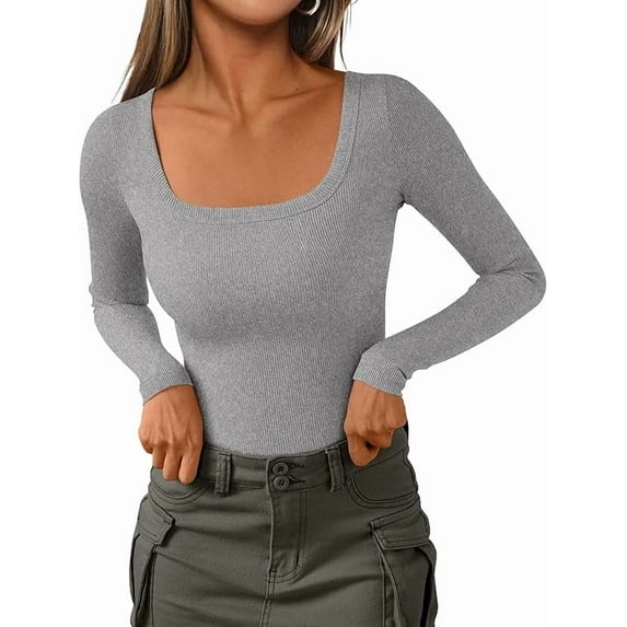 PRETTYGARDEN Womens Long Sleeve Tops Fall Clothes Scoop Neck Ribbed Knit Basic Tees Shirts Going Out Trendy Outfits