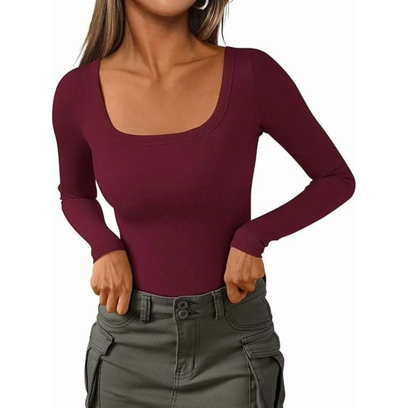 PRETTYGARDEN Womens Long Sleeve Tops Fall Clothes Scoop Neck Ribbed Knit Basic Tees Shirts Going Out Trendy Outfits