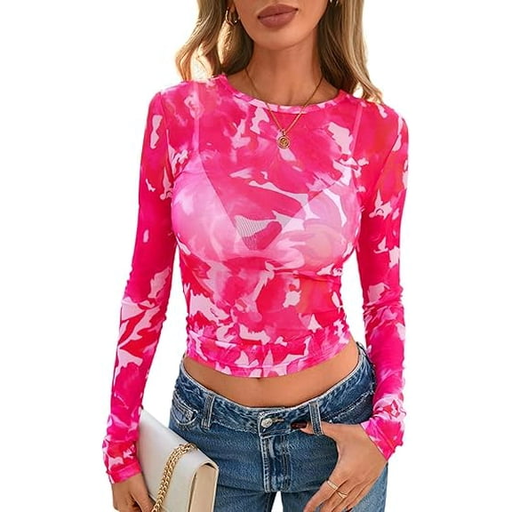 PRETTYGARDEN Womens Mesh Long Sleeve Top Trendy Spring See Through Sheer Blouse Leopard Fitted Going Out Layering Shirts