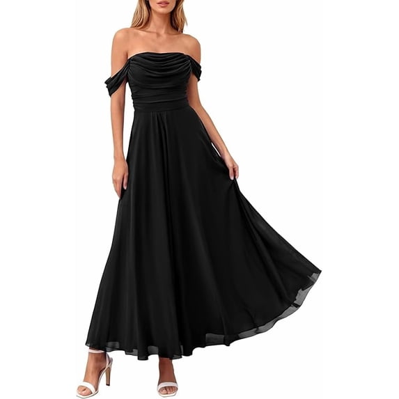 PRETTYGARDEN Womens Off Shoulder Maxi Summer Dresses Elegant Mesh Aline Swing Ruched Flowy Cocktail Wedding Guest Dress
