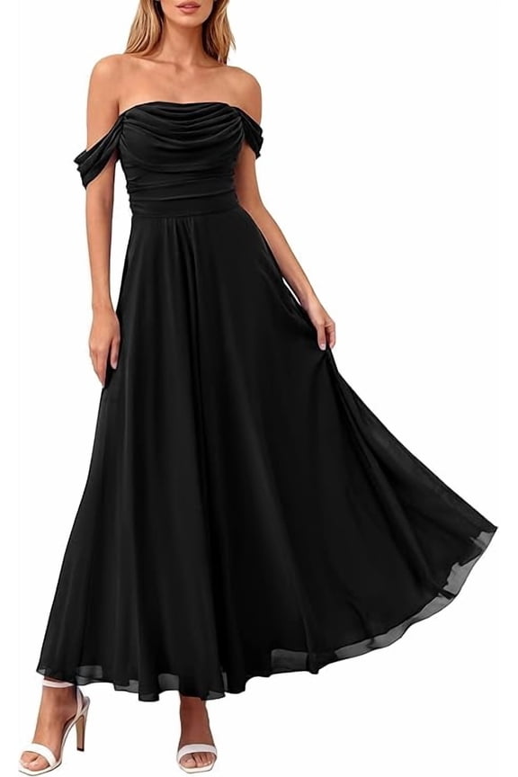 Womens Off Shoulder Maxi Summer Dresses Elegant Mesh Aline Swing Ruched Flowy Cocktail Wedding Guest Dress