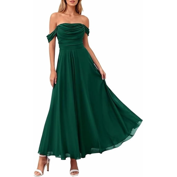PRETTYGARDEN Womens Off Shoulder Maxi Summer Dresses Elegant Mesh Aline Swing Ruched Flowy Cocktail Wedding Guest Dress