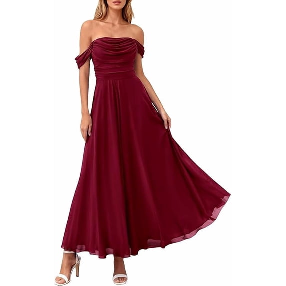 PRETTYGARDEN Womens Off Shoulder Maxi Summer Dresses Elegant Mesh Aline Swing Ruched Flowy Cocktail Wedding Guest Dress