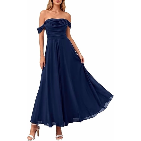 PRETTYGARDEN Womens Off Shoulder Maxi Summer Dresses Elegant Mesh Aline Swing Ruched Flowy Cocktail Wedding Guest Dress