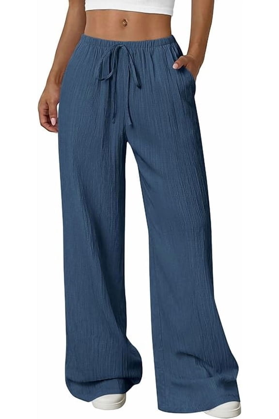 Womens Palazzo Pants Summer Fashion High Waisted Wide Leg Drawstring Flowy Beach Trousers with Pockets