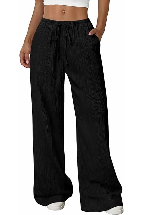 Womens Palazzo Pants Summer Fashion High Waisted Wide Leg Drawstring Flowy Beach Trousers with Pockets