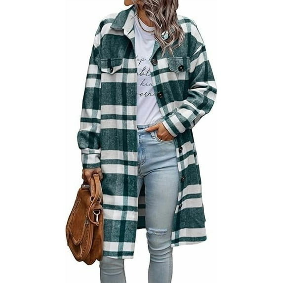 PRETTYGARDEN Womens Plaid Shacket Jacket Fall Fashion Long Sleeve Button Up Flannel Shirt Winter Clothing Woolen Coats
