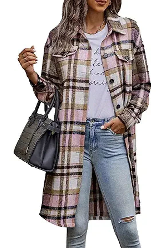 Womens Plaid Shacket Jacket Fall Fashion Long Sleeve Button Up Flannel Shirt Winter Clothing Woolen Coats