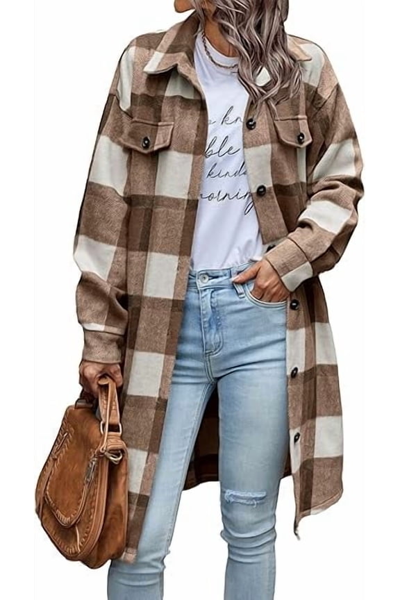 Womens Plaid Shacket Jacket Fall Fashion Long Sleeve Button Up Flannel Shirt Winter Clothing Woolen Coats