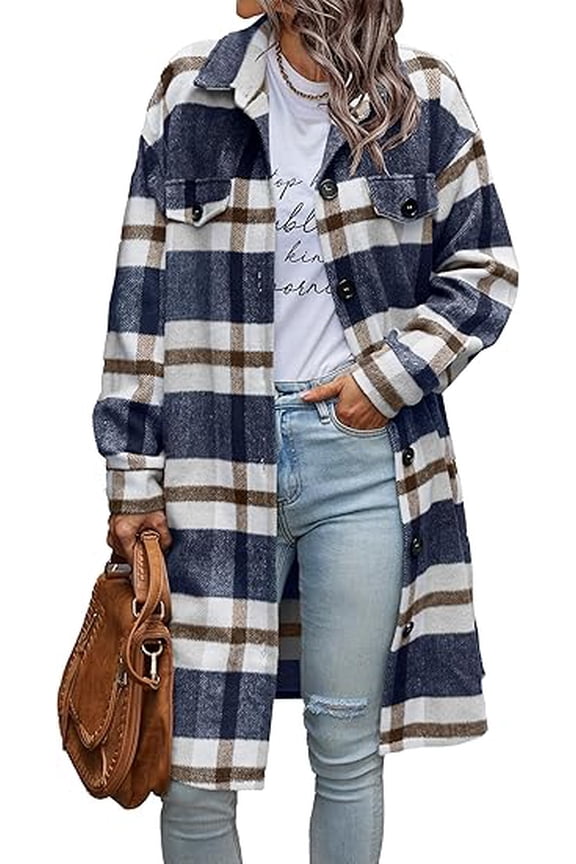 Womens Plaid Shacket Jacket Fall Fashion Long Sleeve Button Up Flannel Shirt Winter Clothing Woolen Coats