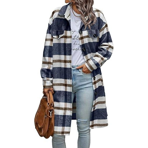 PRETTYGARDEN Womens Plaid Shacket Jacket Fall Fashion Long Sleeve Button Up Flannel Shirt Winter Clothing Woolen Coats