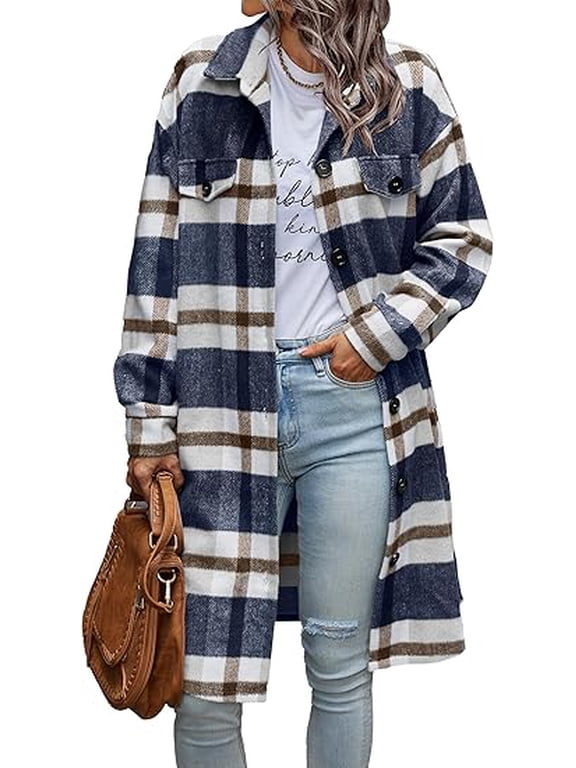 Womens Plaid Shacket Jacket Fall Fashion Long Sleeve Button Up Flannel Shirt Winter Clothing Woolen Coats