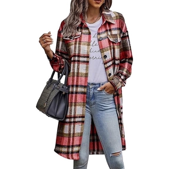 PRETTYGARDEN Womens Plaid Shacket Jacket Fall Fashion Long Sleeve Button Up Flannel Shirt Winter Clothing Woolen Coats
