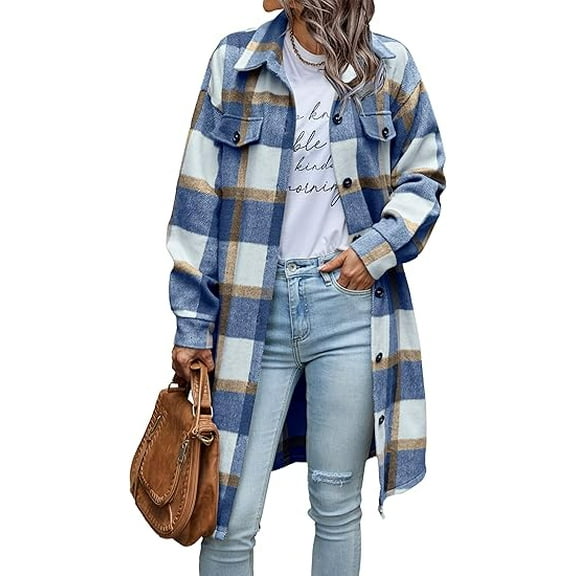 PRETTYGARDEN Womens Plaid Shacket Jacket Fall Fashion Long Sleeve Button Up Flannel Shirt Winter Clothing Woolen Coats