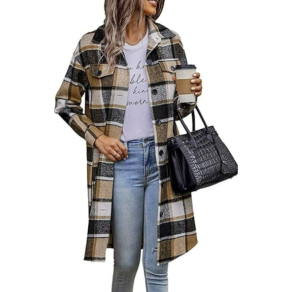 PRETTYGARDEN Womens Plaid Shacket Jacket Fall Fashion Long Sleeve Button Up Flannel Shirt Winter Clothing Woolen Coats