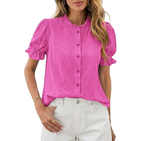 PRETTYGARDEN Womens Puff Short Sleeve Tops Summer Spring Button Down Boho Embroidered Cute Blouse Dressy Casual Shirts