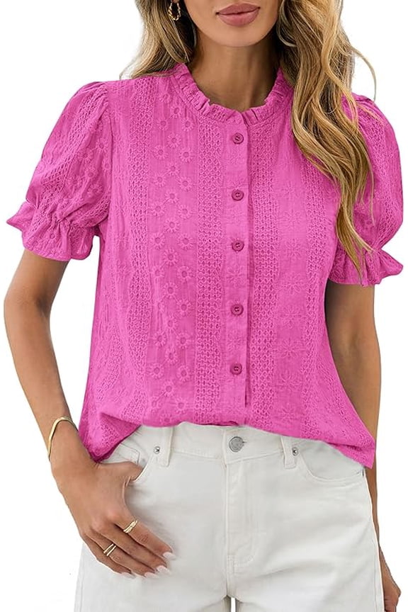 Womens Puff Short Sleeve Tops Summer Spring Button Down Boho Embroidered Cute Blouse Dressy Casual Shirts