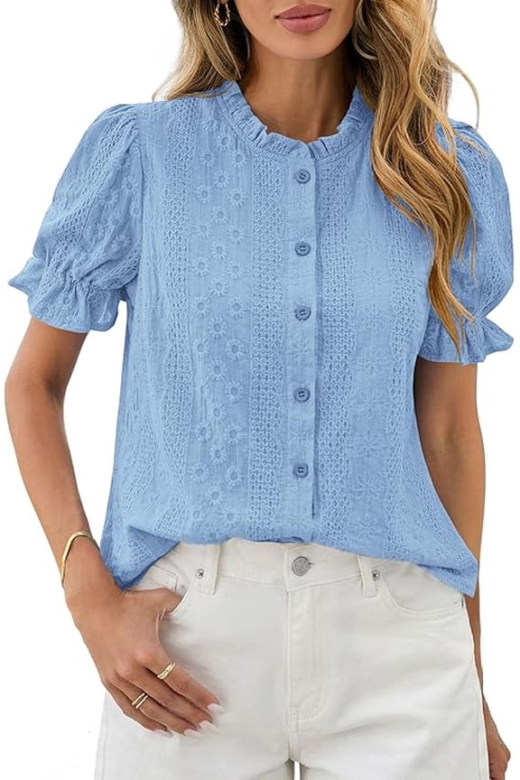 Womens Puff Short Sleeve Tops Summer Spring Button Down Boho Embroidered Cute Blouse Dressy Casual Shirts