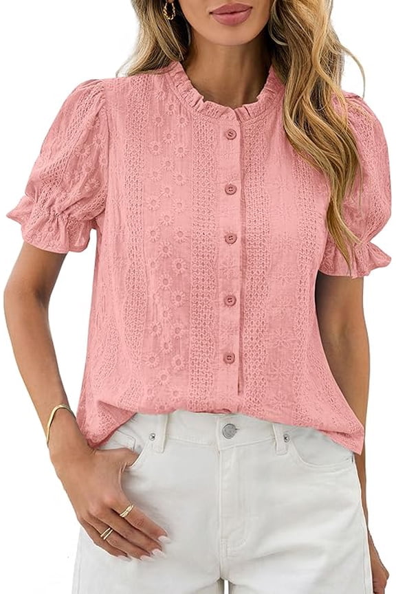 Womens Puff Short Sleeve Tops Summer Spring Button Down Boho Embroidered Cute Blouse Dressy Casual Shirts